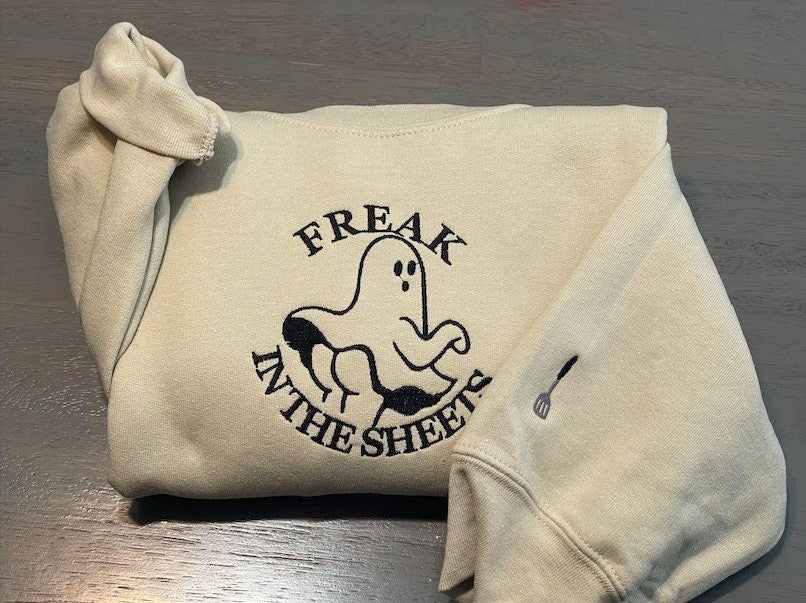 Freak in the sheet embroidered sweatshirt! Halloween embroidery; Halloween Embroidered Sweatshirts; women clothing